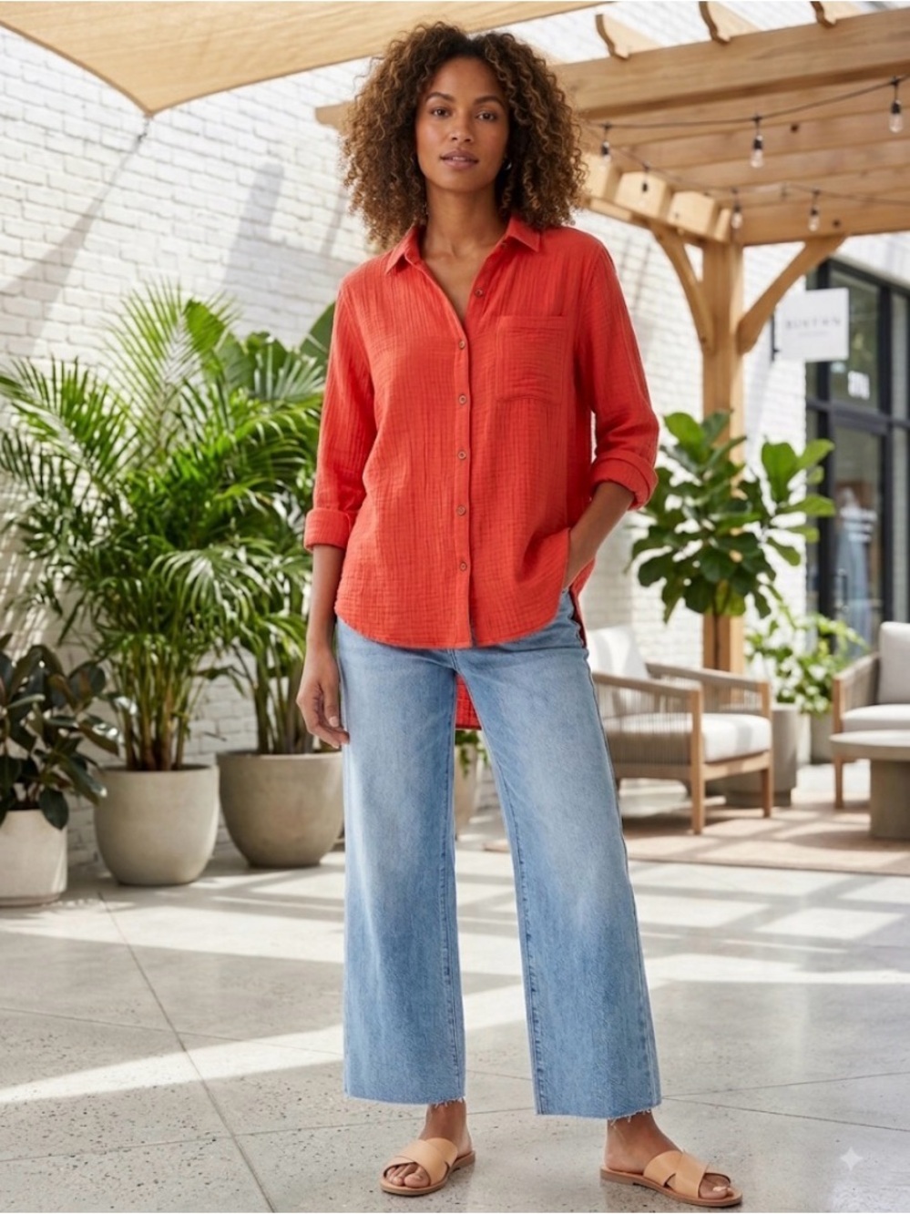 BeachLunchLounge Orange Crinkle Gauze Button Down Shirt Size L NWT